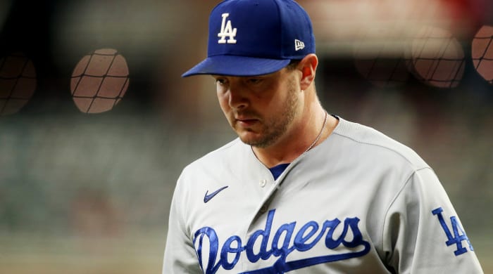 Oct 16, 2021; Cumberland, Georgia, USA; Los Angeles Dodgers starting pitcher Corey Knebel (46) walks to the dugout against the Atlanta Braves during the first inning in game one of the 2021 NLCS at Truist Park.